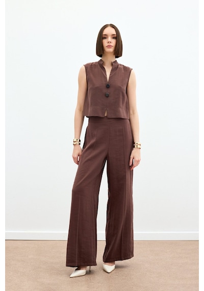 Sateen Yüksek Bel Keten Pantolon - Kahve-136164 Kahve