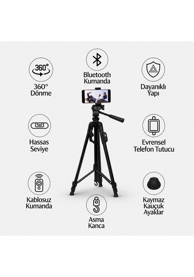 Profesyonel Kamera Ve Telefon Tripodu 155 Cm Bluetooth Kumandalı Su Terazili 3 Yollu Kafa Fotoğraf Video Çekim Tripodu 155cm