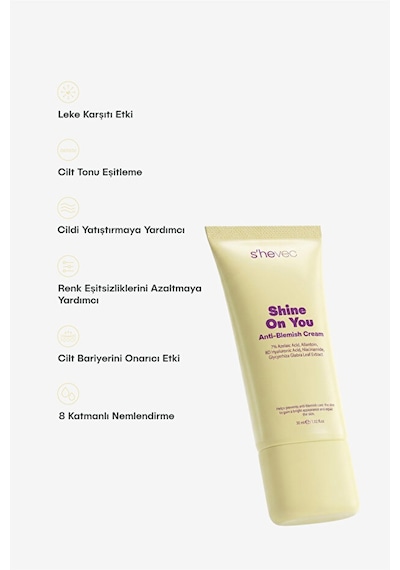 She Vec Shine On You Azelaik Asit Hassas Ciltler İçin Akne ve Leke Karşıtı Bariyer Koruyucu Krem 30 ML