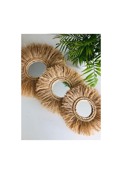 3 Lü Set Boncuklu Rafya Ayna Hasır Hasır