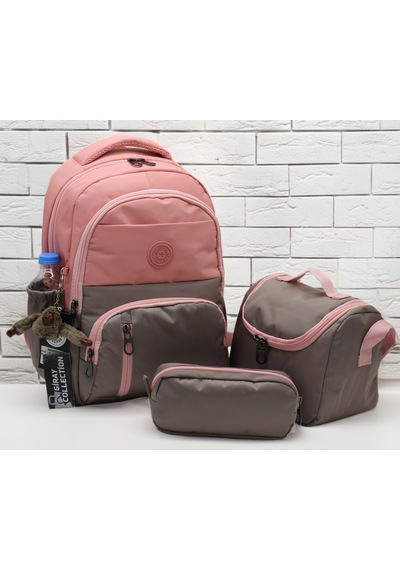 İlk Okul Çantası 3'lü Seti Unisex Çocuk İlkokul Çantası Gry-8010 Pudra-vizon Fuşya