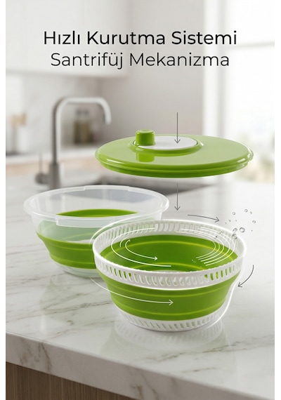 Katlanabilir Salata Kurutucu - Süzgeç Ve Kase Seti - 3 Ü 1 Arada 4.5 Litre Yeşil