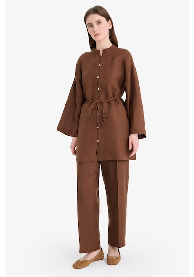 Defacto %100 Keten Straight Fit Beli Lastikli Cepli Pantolon D4388AX24HS Kahve