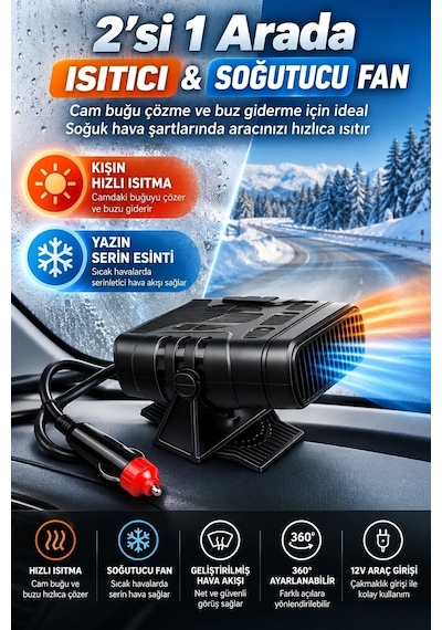 Ers 12v Araç İçi Cam Buğu Çözücü Isıtıcı Fan 2 Si 1 Arada Sıcak Soğuk Hava Üfleyici Buz Çözücü
