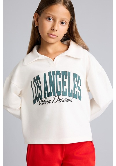 Defacto Relax Fıt Polo Yaka Kolej Baskılı Sweatshirt Kumaşı Sweatshirt Kız Çocuk I4899a826auwt34 Beyaz-wt34