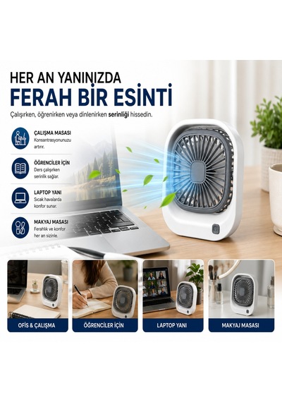 Masaüstü Mini Fan Şarjlı Sessiz Taşınabilir Fan, 3 Kademeli Hız Ayarı, 45 Ayarlanabilir Açılı Kompakt Masa Fanı, 8000 Rpm Güçlü Üfleme, Ofis Laptop Çalışma Masası İçin
