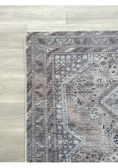 Eskitme Geometrik Madalyon Desenli Vizon Etnik Halı - Ar863bm
