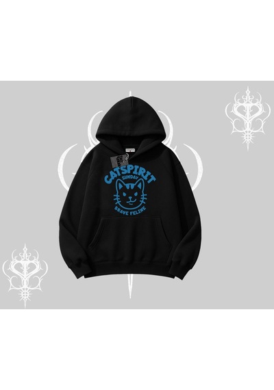 Startmore Catspirit Sunday Brave Feline Yazılı Kedi Baskılı Kapşonlu Sweatshirt Siyah