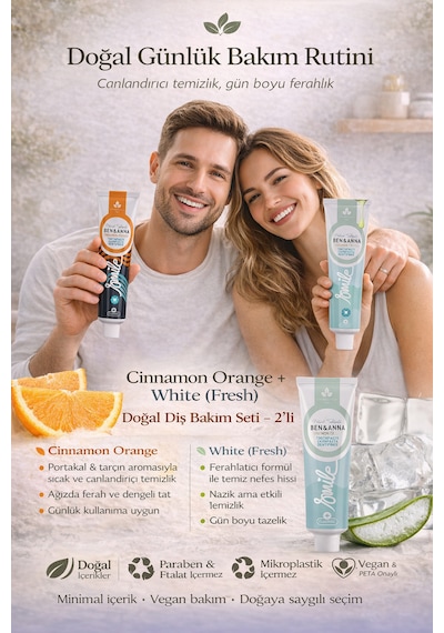Ben & Anna White + Cinnamon Orange Doğal Diş Macunu Seti 75 Ml X 2 Vegan, Florürlü, Paraben İçermez Çürük Önleyici