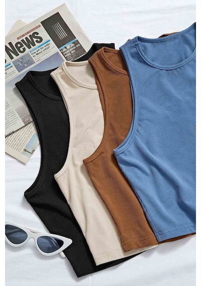 Merry See Tek Renk 1 Adet Kadın Kolsuz Örme Kumaş Bluz Crop Krem