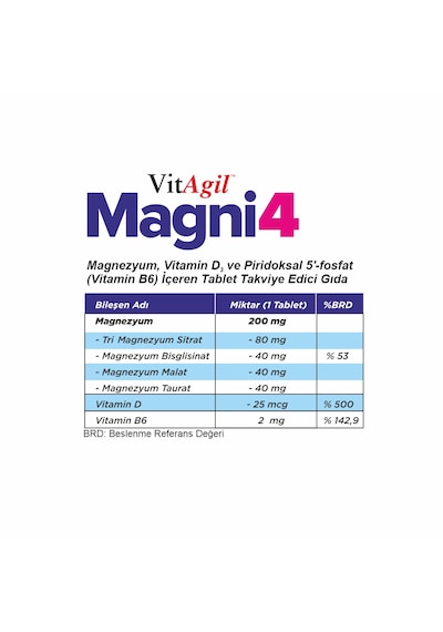 Vitagil Magni4 Magnezyum, Vitamin D3 Ve Piridoksal 5'fosfat Vitamin B6 30 Tablet