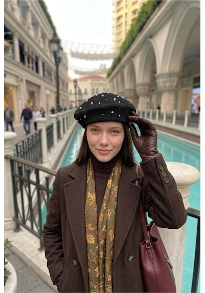 Mollycrush Kadın Siyah Pırlanta Taşlı Yün Ressam Bere Kışlık Şık Tasarım Fransız Tarzı Şapka Siyah