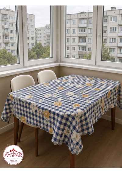 Masa Örtüsü 150x170 Cm Mavi Kareli Çiçekli Beyaz