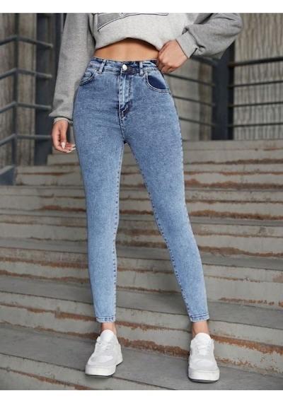 Yüksek Bel Mavi Kar Yıkama Skinny Dar Paça Jean Kadın Mavi