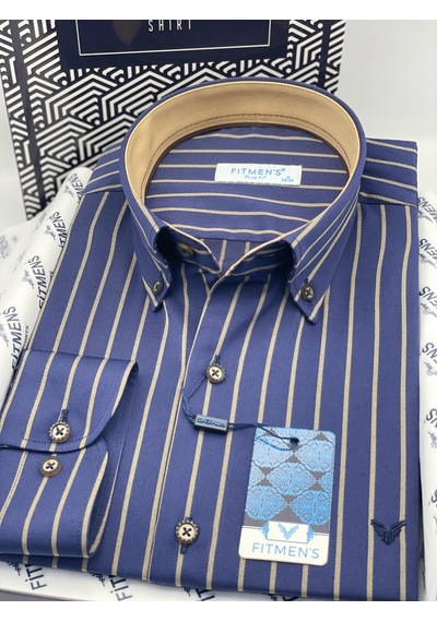Slim Fit Uzun Kol Premium Çizgili Yaka Düğmeli Hediye Kutulu Erkek Gömlek Fs-004335 - Lacivert Bej-2902 Slim Fit Uzun Kol Premium Çizgili Yaka Düğmeli Hediye Kutulu Erkek Gömlek Fs-004335 - Lacivert Bej-2902