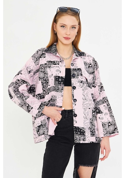 Armonika Kadın Pembe Desenli Cep Detaylı Gömlek Ceket Arm-25k001071