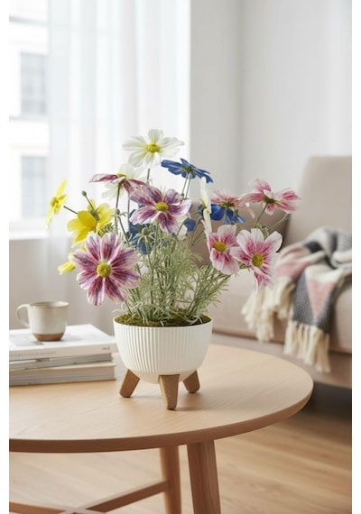Yapay Çiçek Renkli Gerbera Papatya Salon Çiçeği Zigon Saksıda Yapay Bitki 50 40cm Yeşil