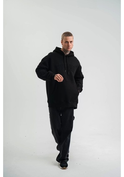 Double Oversize Kapşonlu Nakışlı Sweatshirt - Siyah Siyah