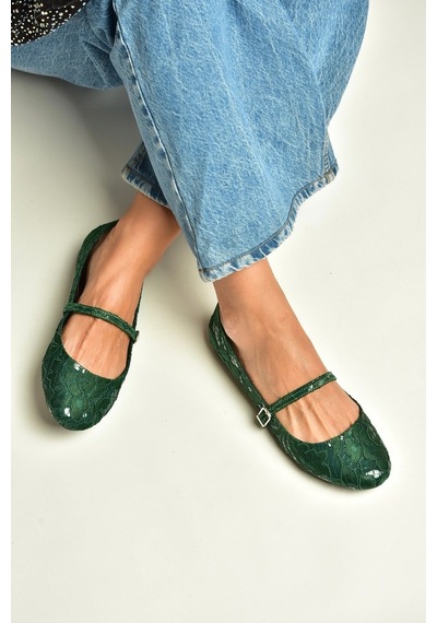 Fox Shoes Z726232704 Yeşil Kumaş Bantlı Kadın Babet