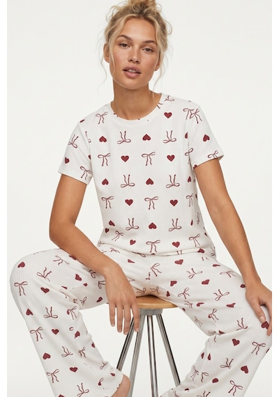 Siyah İnci Bisiklet Yaka Yumuşak Tuşe Yazlık Fitilli Pamuklu Örme Pijama Takım 7995 Bordo Fiyonk