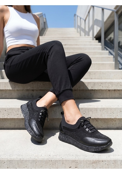 Nesilshoes Nesil Shoes Acr 15 Siyah Taşlı Strech Kadın Ayakkabı