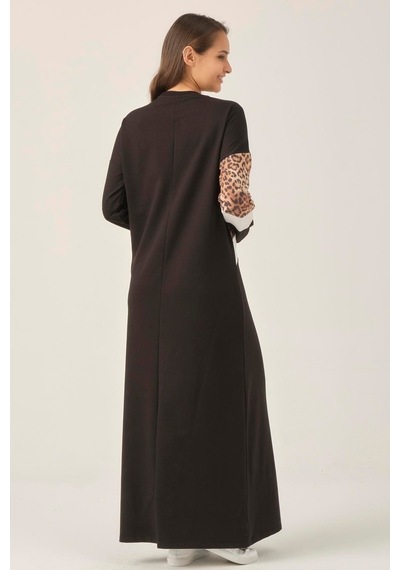 Siyah Leopar Detaylı Maxi Boy Elbise Dm400