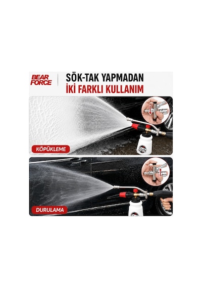 Robeve Bear Force Kısa Basınçlı Yıkama Tabancası Çiftleme Başlığı 1/4 Quick Plug Hızlı Bağlantı Köpük Aparatı Ve Durulama Geçiş Vanası Paslanmaz Çelik 220 Bar / 3200 Psı Basınç Dayanımı