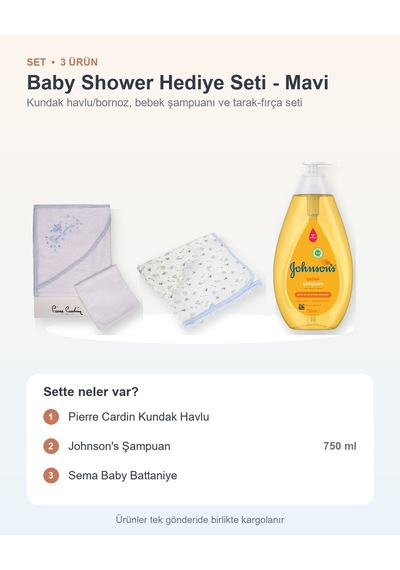Baby Shower Hediye Seti 3 Parça: Kundak Havlu + Johnson's Şampuan + Sema Baby Battaniye - Mavi