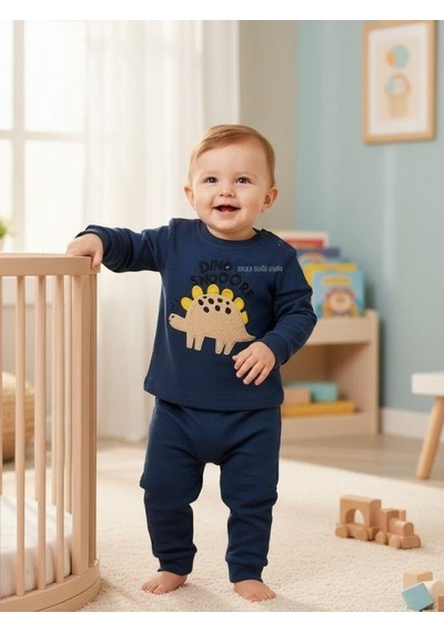 Zekids Erkek Bebek Pamuklu Dokulu Kumaş Dinozorlu Eşofman Takımı-16384 Lacivert