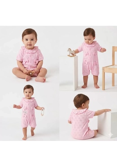 Pekminibebe 3/12 Ay Yakalı Fiyonklu Jakar Kumaş Bebek Tulumu Pembe