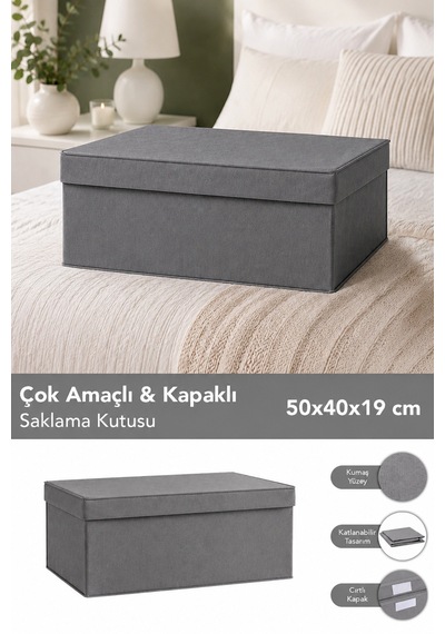Organizer Baza Hurcu - Çok Amaçlı Kapaklı Saklama Kutusu 50x40x19cm Antrasit