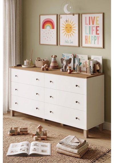 Yurudesign Noren Geniş Şifonyer 6 Çekmeceli Ahşap Ayaklı Bebek Ve Çocuk Odası Sepet-beyaz Nr2-sw
