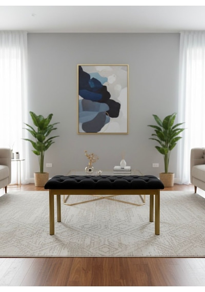 Loft Kapitone Döşeme Metal Gold Ayaklı Puf & Bench - 105x40 Cm Siyah