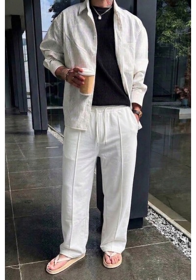 Tarz Cool Erkek Regular Fit Düz Paça Bağcıklı 2 İplik Pamuklu Pantolon Eşofman Alt Beyaz