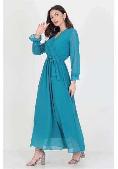 Dip Moda Kadın Kuşaklı Astarlı Uzun Şifon Elbise Dpnb003 Petrol Mavisi Dip Moda Kadın Kuşaklı Astarlı Uzun Şifon Elbise Dpnb003 Petrol Mavisi