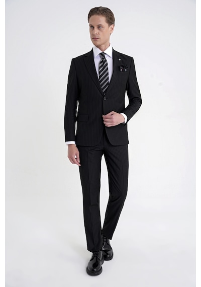 Efor Slim Fit Mono Yaka Esnek Yünlü Siyah Çizgili Takım Elbise Tk 942