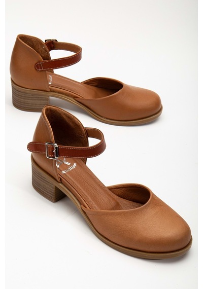 Analin Shoes Kadın Hakiki Deri Burnu Kapalı Bilekten Bağlı Sandalet Taba