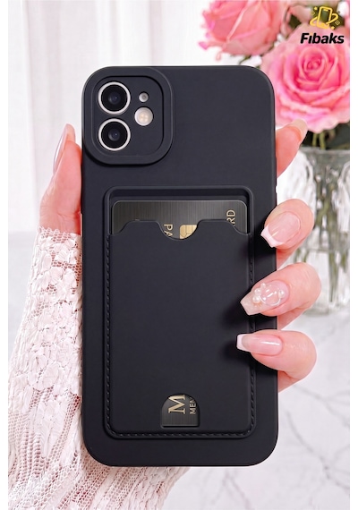 Fibaks iPhone 12 Uyumlu Kılıf Kamera Korumalı Kartlıklı Cüzdanlı Kırmızı Tuşlu Siyah Silikon Kapak