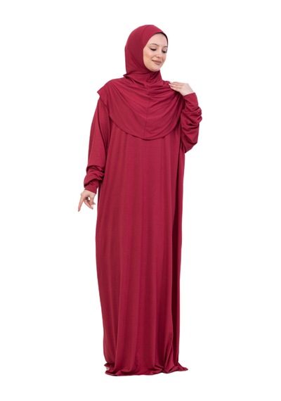 Modish Group Tek Parça Namaz Elbisesi Seti, Viskon Yumuşak Tesettür Abaya, Rahat Hazır Şal Başörtüsü Takım Kırmızı