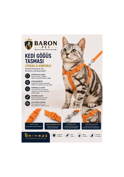 Kedi Göğüs Tasması Ve Gezdirme Kayışı Seti Turuncu Düz Turuncu Tokalı Ayarlanabilir