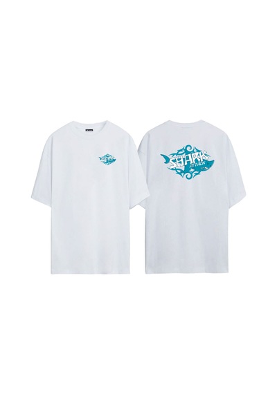 Thewert Unisex Shark Attack Köpekbalığı Ön Arka Baskılı Beyaz Oversize T-shirt