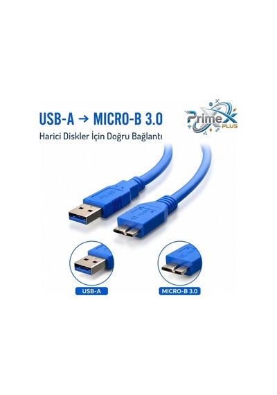 Primex Px-4120 Usb 3.0 30 Cm Taşınabilir Harddisk Kablosu, Usb-a To Micro-b Harici Disk Data Ve Güç Kablosu, Wd Seagate Toshiba Samsung Adata Intenso Uyumlu Kısa Usb 3.0 Hdd Ssd Bağlantı Kablosu