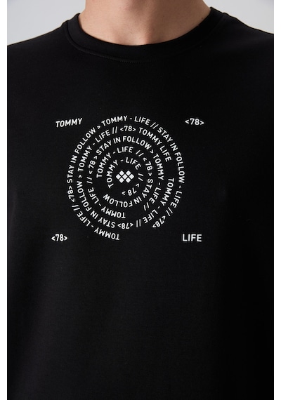 Tommy Life Siyah - Beyaz Pamuklu Kalın Yumuşak Dokulu Oversize Fit Baskılı Erkek T-shirt - 88324 Siyah - Beyaz