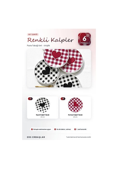 Renkli Kalpler 6'lı Pasta Tabağı Seti 20 Cm Çok Renkli