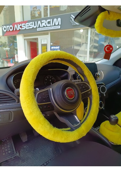 Yumuşak Tüylü Peluş Direksiyon Kılıfı Sarı 0