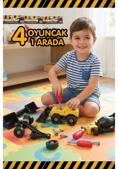 Build & Play 4 Ü 1 Arada Sök Tak İş Makinesi Oyuncak Seti Kepçe Mikser Vinç Buldozer Stem +3 Yaş