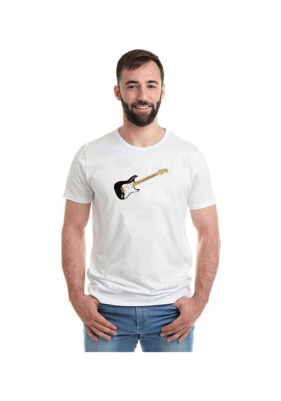 Stratocaster Howard Reed Black Gitar Music Baskılı Beyaz Erkek T