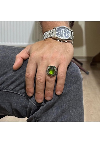 Peridot Yapay Taşlı Yüzük - 925 Ayar Gümüş Yüzük - El Yapımı Taş Takı - Gümüş Erkek Yüzüğü Gümüş