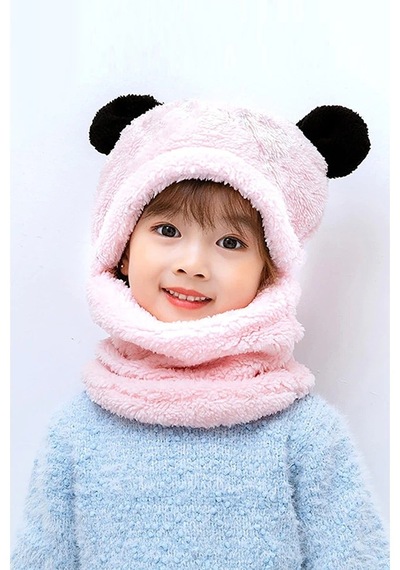 Bundera Panda Çocuk Kapşonlu Peluş Bere Atkı Welsoft Boyunluk