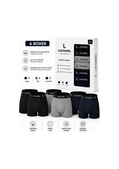 Veraura Lifestyle Erkek 12li İç Giyim Seti Pamuklu 6 Boxer 6 Çorap Çoklu Paket - Siyah - Lacivert - Gri - Beyaz Çok Renkli